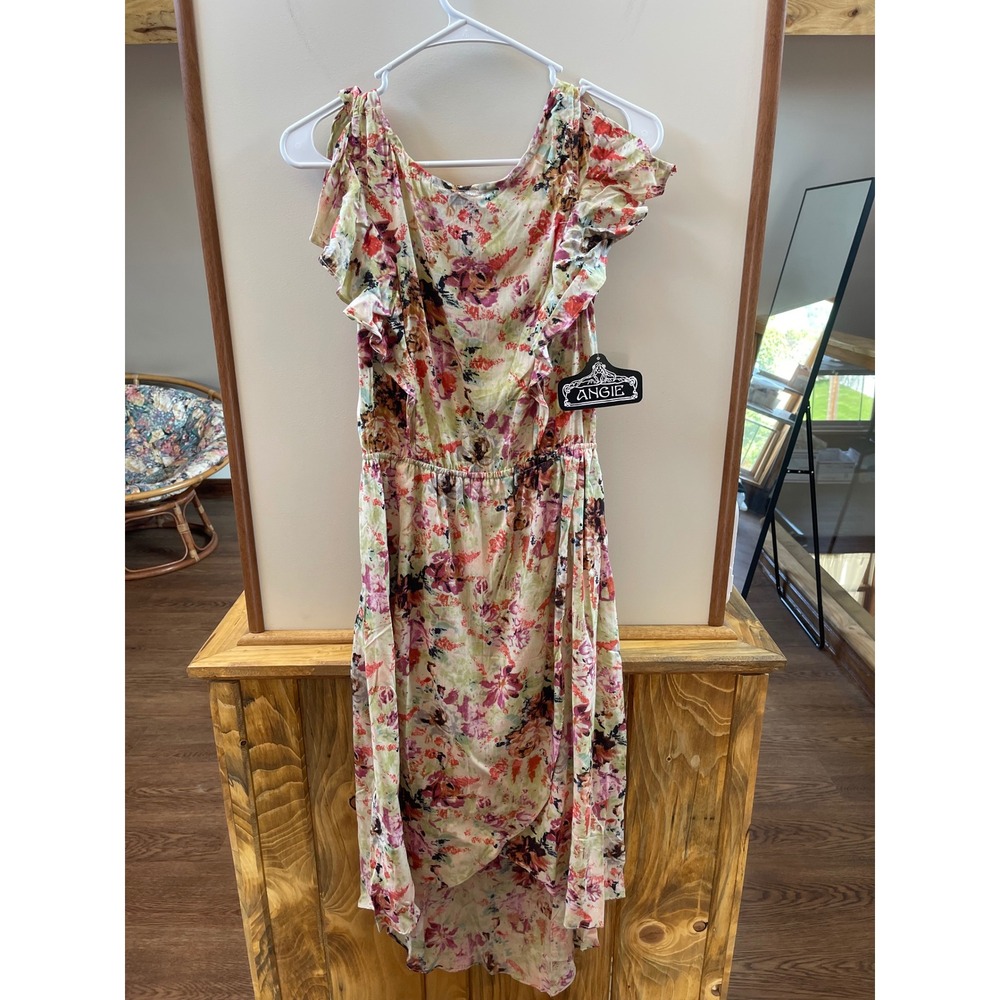 Angie Floral High-Low Dress Ruffle Cap Sleeve Twist Back Cutout Medium